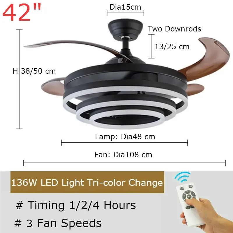 Ceiling Fan with LED Light and Remote Control 42 Inch 4 Retractable Blades 72W Lamp 3 Color Change Silent Motor for Bedroom