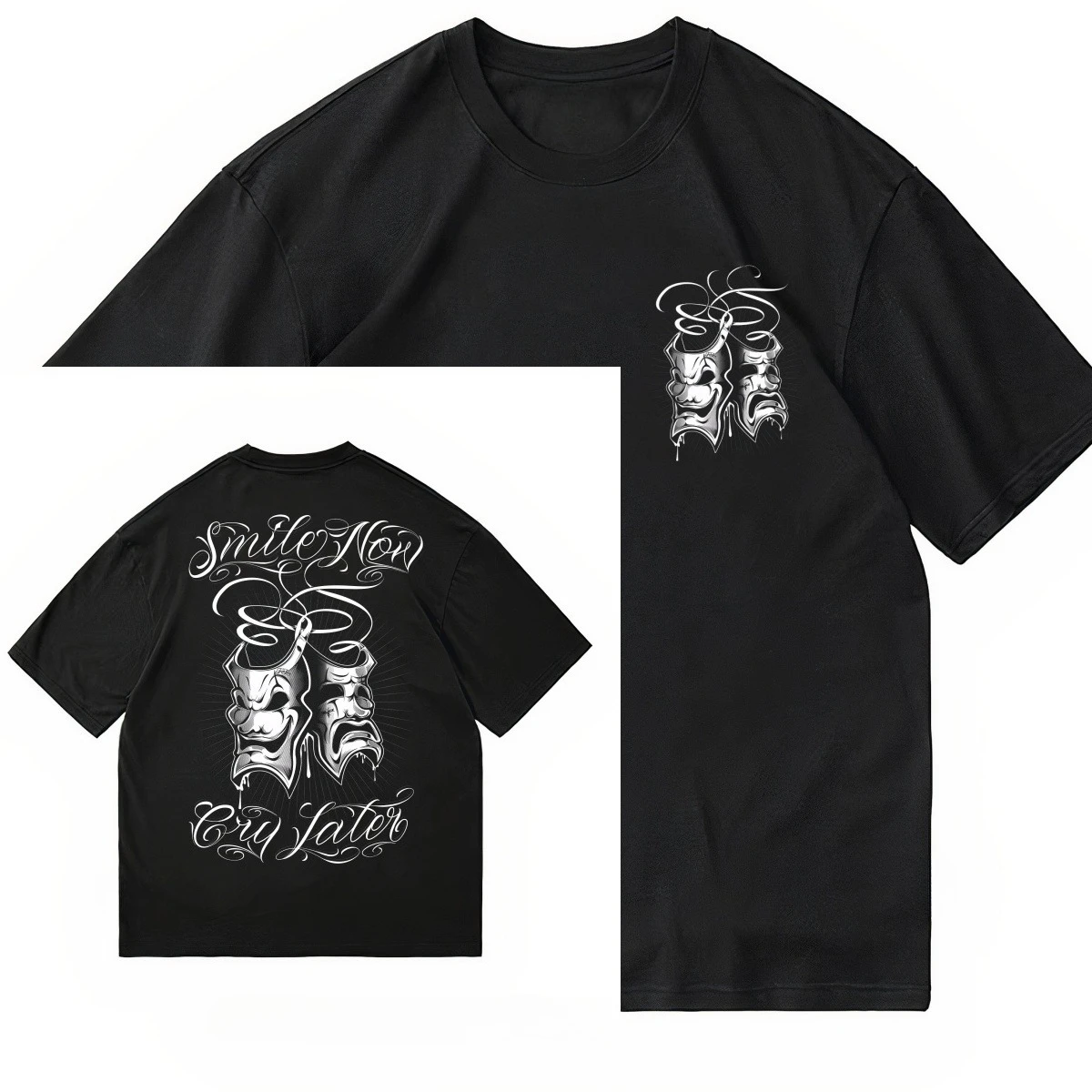 2026 Summer Tattoo Chicano Cursive Font Hip-hop English Mask Crying Smile American Heavy Weight Loose T-shirt