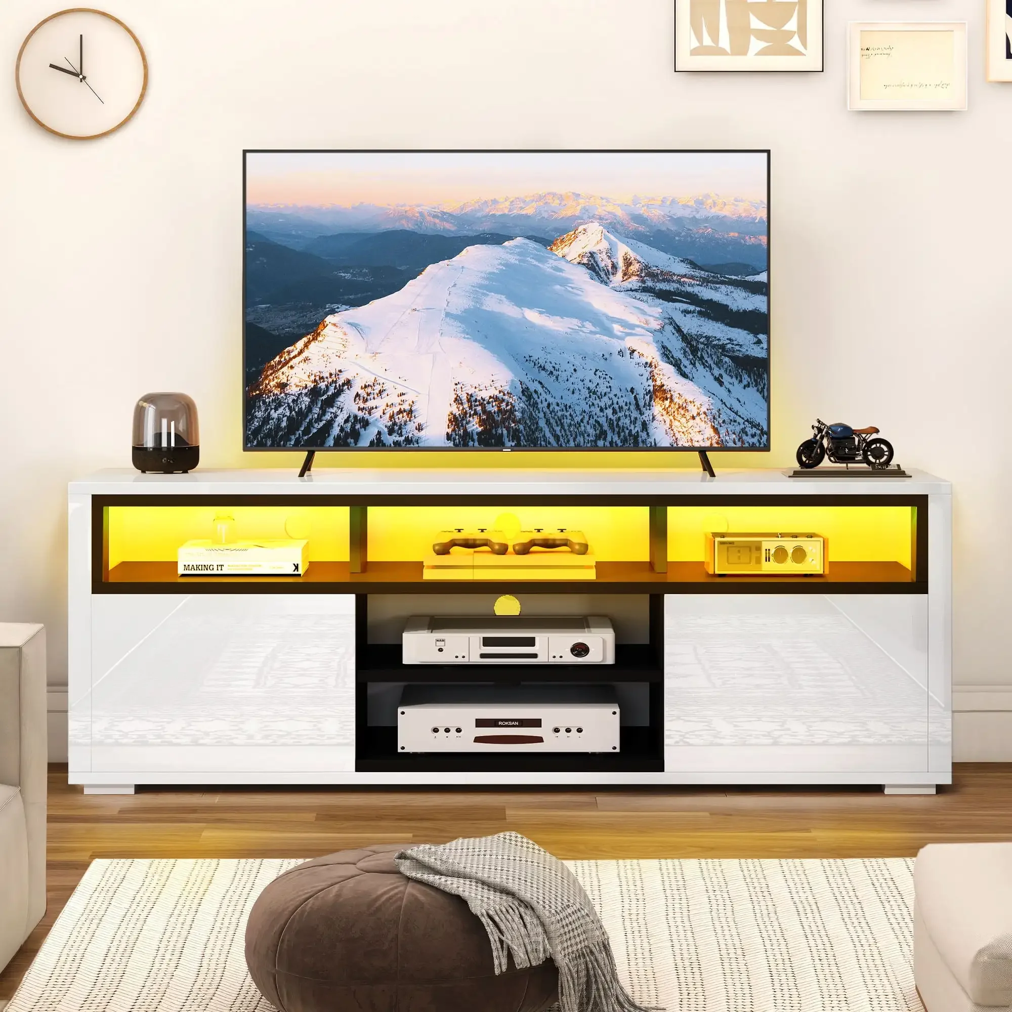 High Gloss TV Stand with LED Lights, Modern Media Console Table with Storage Cabinet for 70 inch TV White