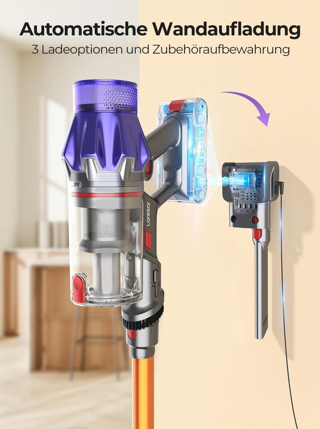 Laresar V7 500W 50000Pa بطارية تفريغ مكنسة كهربائية محمولة الأجهزة المنزلية الذكية بطارية قابلة للإزالة كوب الغبار