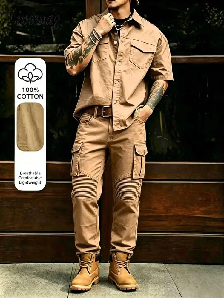 ensemble-deux-pieces-tendance-pour-homme-chemise-et-pantalon-cargo-vintage-couleur-unie-tenue-d'ete-elegante-a-manches-courtes