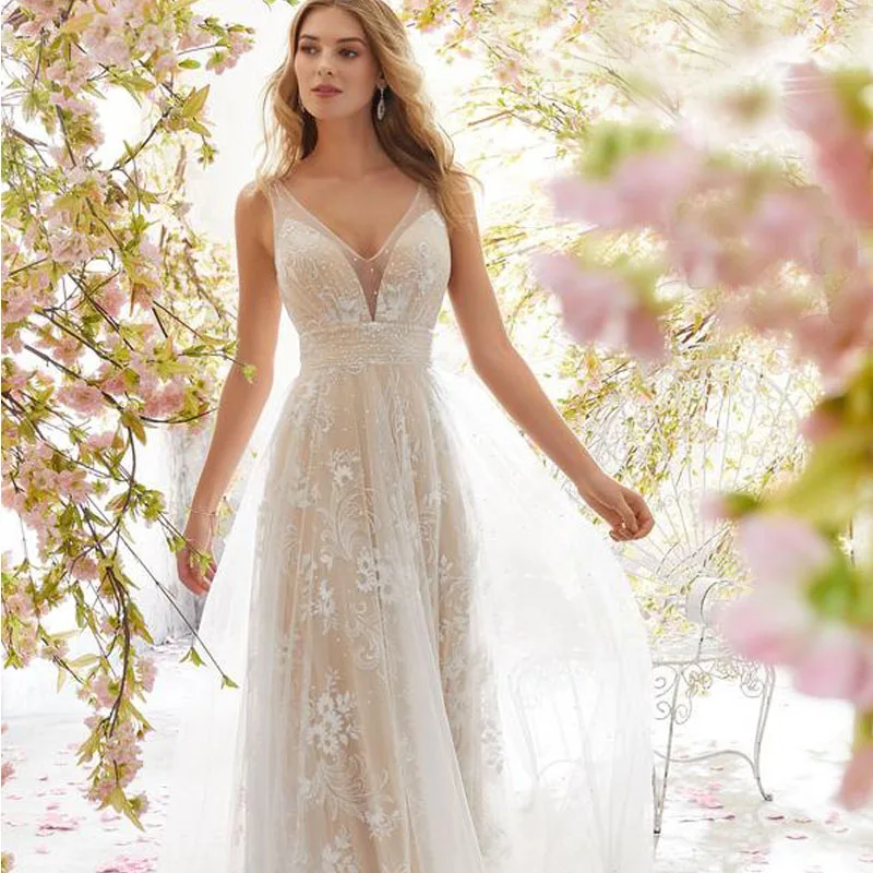 2023 New Wedding Dress Fashionable Elegant Flowering, Sexy V-neck Sleeveless, Various Colors Printed Lace Wedding Dress