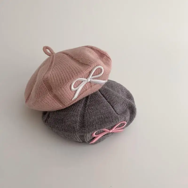 

Sweet and Cute Bow Embroidered Baby Knit Beret Warm Woolen Hat for Fall/Winter Solid-Color Warm Windproof Artist's Hat for Girls