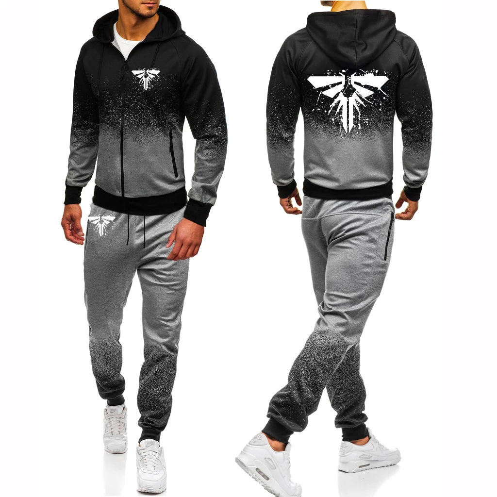 2024 Frühling Herbst Herren The Last Of Us Logo Print Mode Kapuzenjacke Sweatshirt + Beliebte Jogginghose Farbverlauf Sport Set