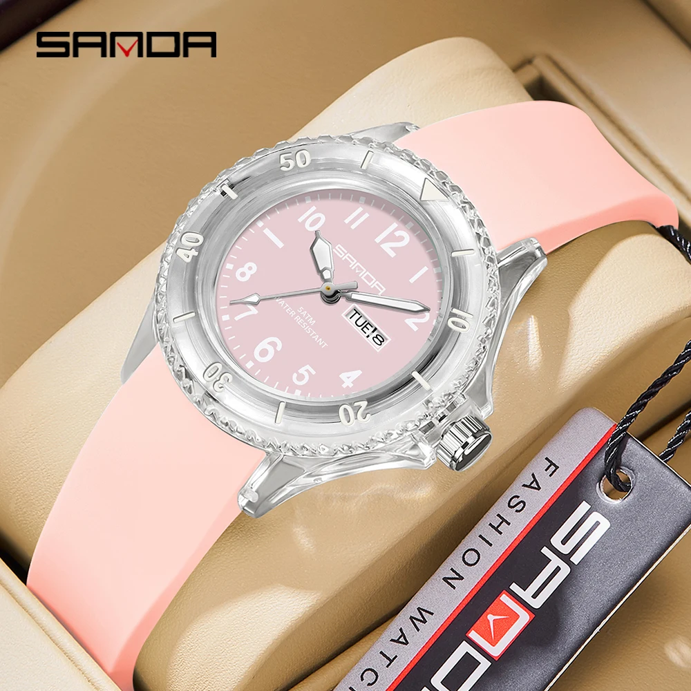 2023 Sanda Brand Electronic Quartz Watch Outdoor Waterproof Simple Calendar Transparent Case Popular Quartz Watch for Children