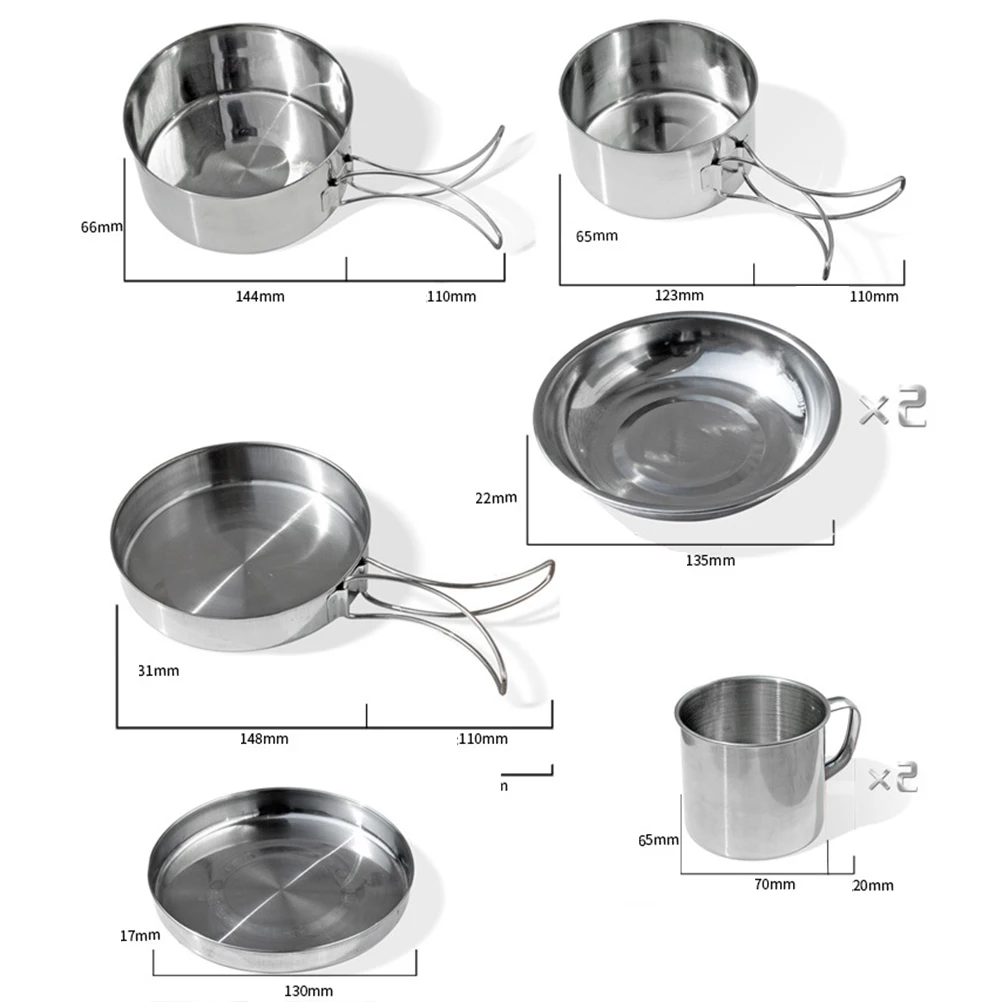 

Stainless Steel Cookware Set Portable Camping Picnic BBQ Pots Pans Plates Cups Lid Foldable Handle Heat Insulation Durable
