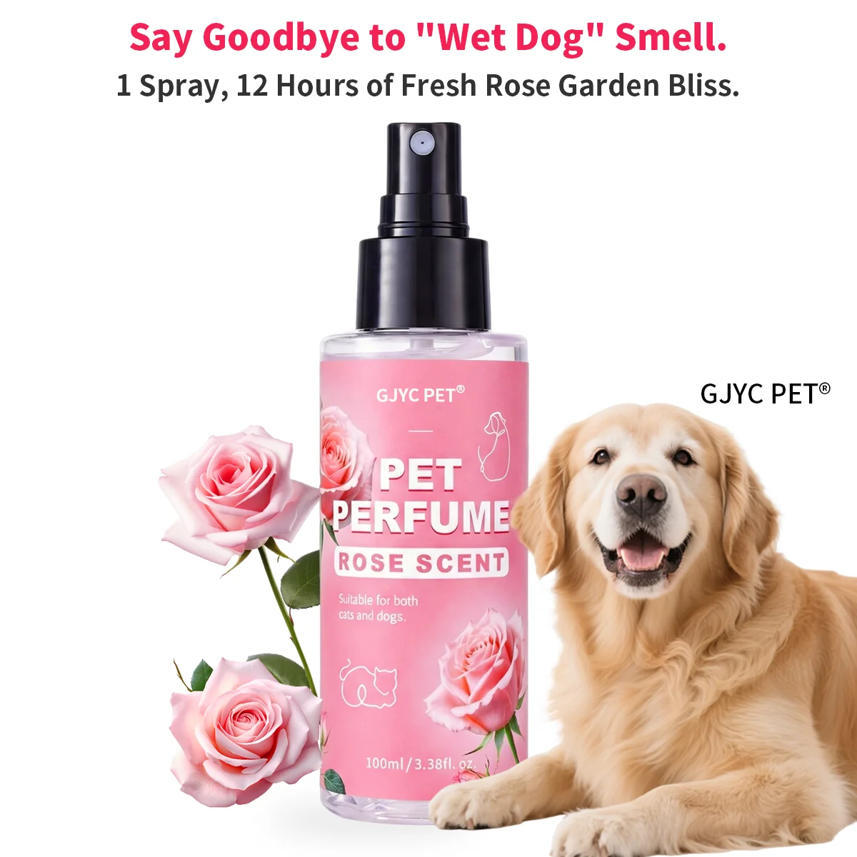 Perfume para Mascotas con Aroma a Rosas, Desodorante Natural de Larga Duración en Spray para Perros y Gatos, Sin Alcohol, Eliminador de Olores, Bruma Suave y Segura para el Cuidado de las Mascotas