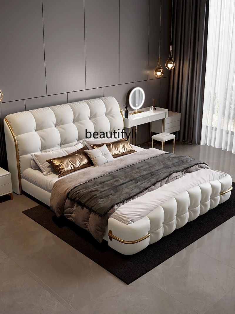 Italian Style Light Luxury Luxury Marriage Bed Large Soft Bag Backrest Leather Bed Simple Modern Bedroom Double Bed