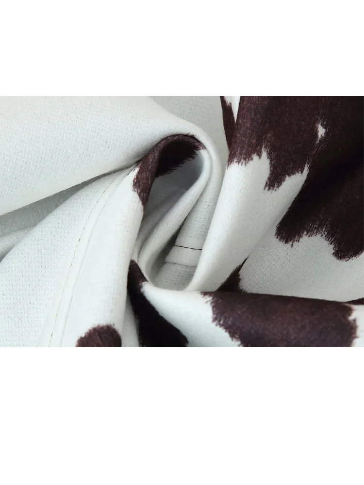 HH Women's Autumn Vintage Cow Pattern Print Jacket Female High Street Casual Covered Button Lapel Long Sleeve Woolen Jacket
