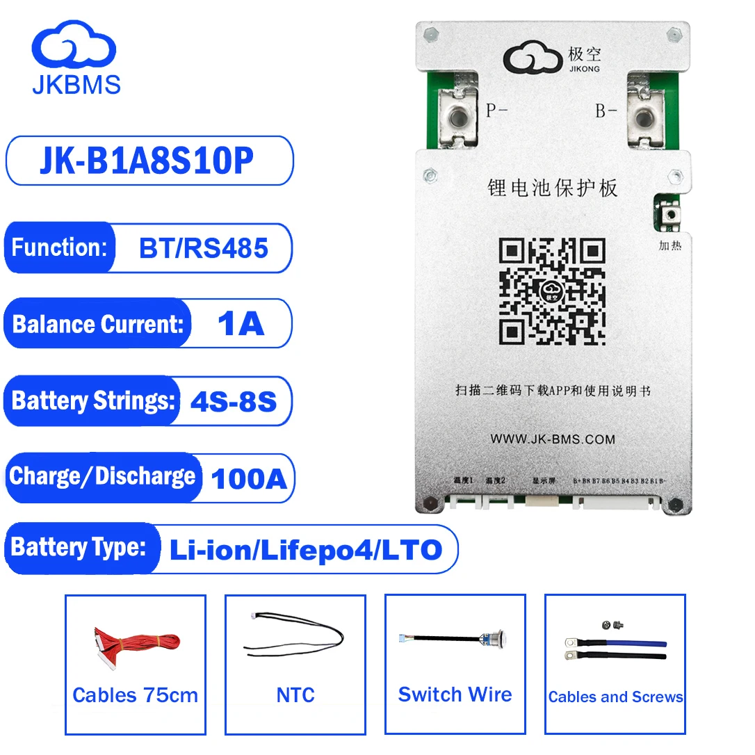 JKCamping Ebike BMS JK-B1A8S10P JIKONG Smart 1A Active Balance 18650 4S Lifepo4 Battery 5S 6S 7S 8S 24V 100A 48V BT Li-ion LTO C