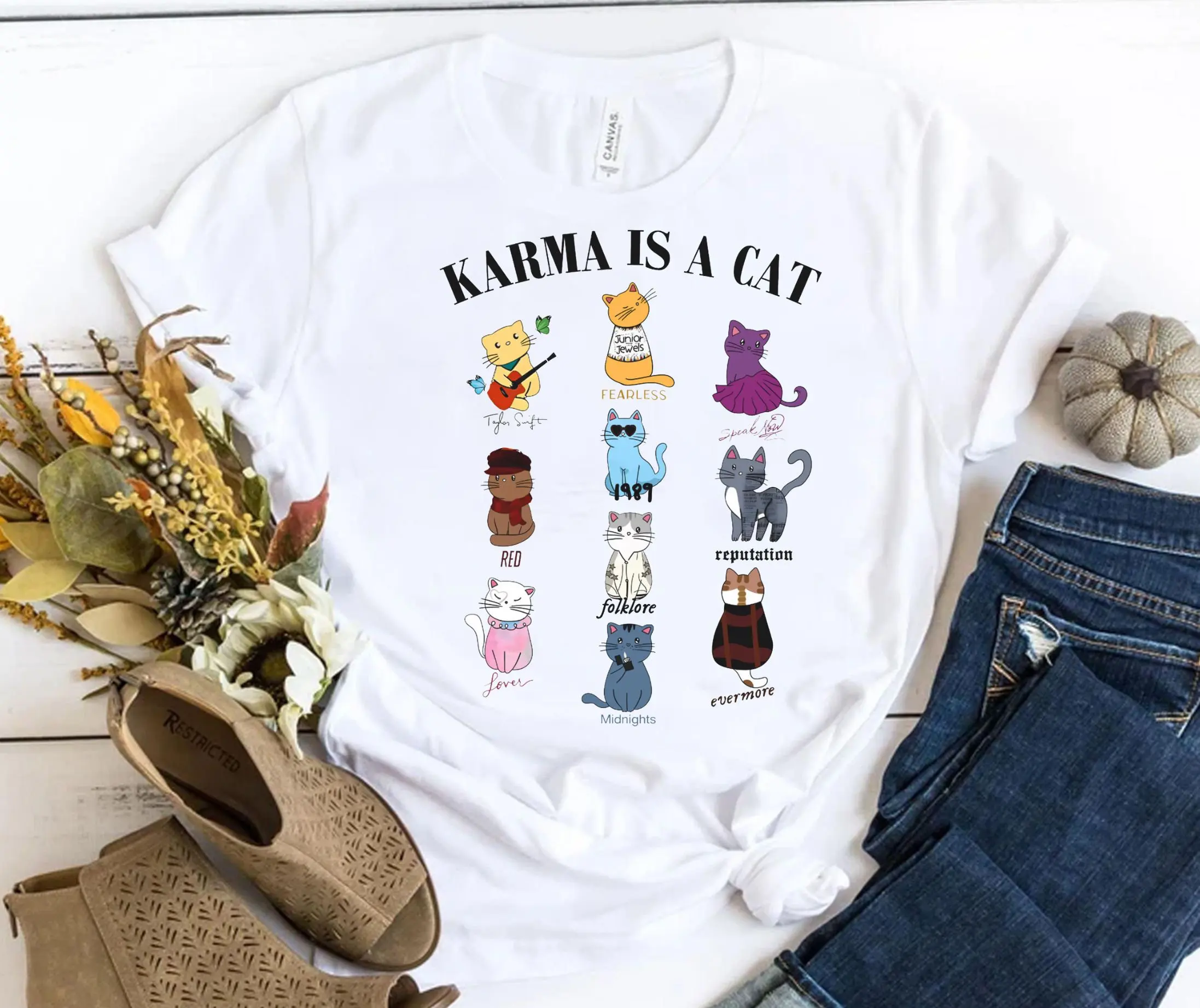 2024 New Voguish Lover Women T-shirt Cute Cotton Nine Cats Print Female Shirt Karma Is A Funny Slogan Fashion Girl Shirt