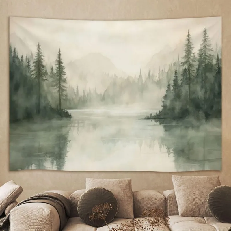 VIKAMA Watercolor Foggy Pine Forest Tapestry Beige Green Mountain Lake Wall Art for Boho Aesthetic Bedroom Home Decor