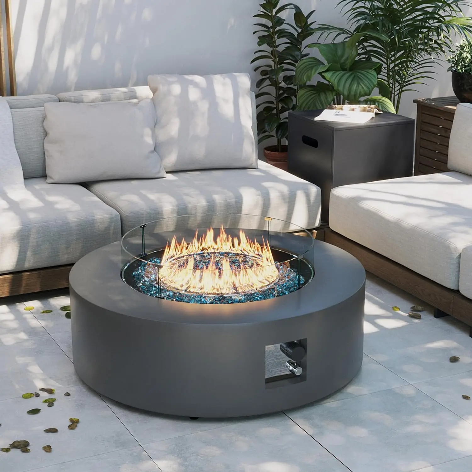 Upha 42-Inch Outdoor Propane Gas Fire Pit Table 50000 Btu Iron Round Fire Pit For Outside Patio With Propane Tank Cover, Wind