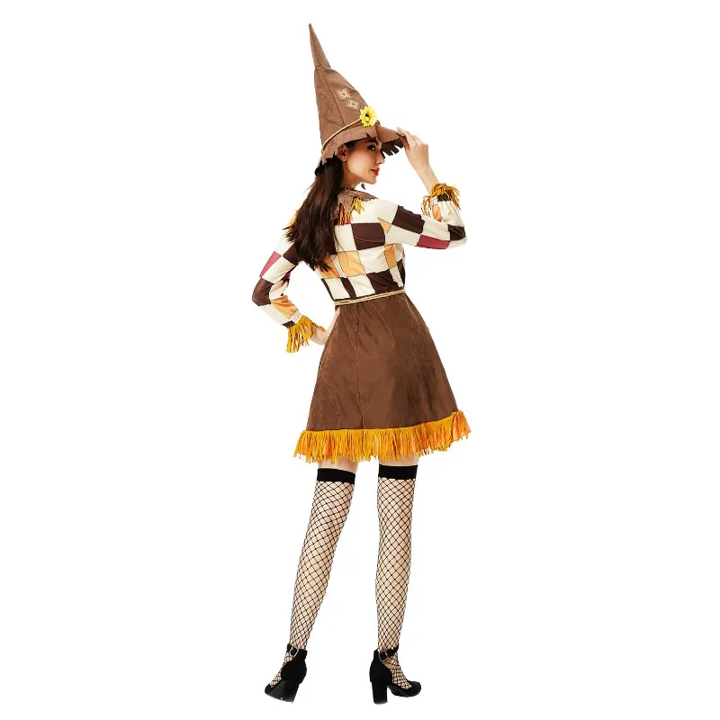 

Halloween Cosplay Costume Witch Scarecrow Long Sleeves Dress Hat Set Carnival Theme Party Role Playing Outfits for Adult Women