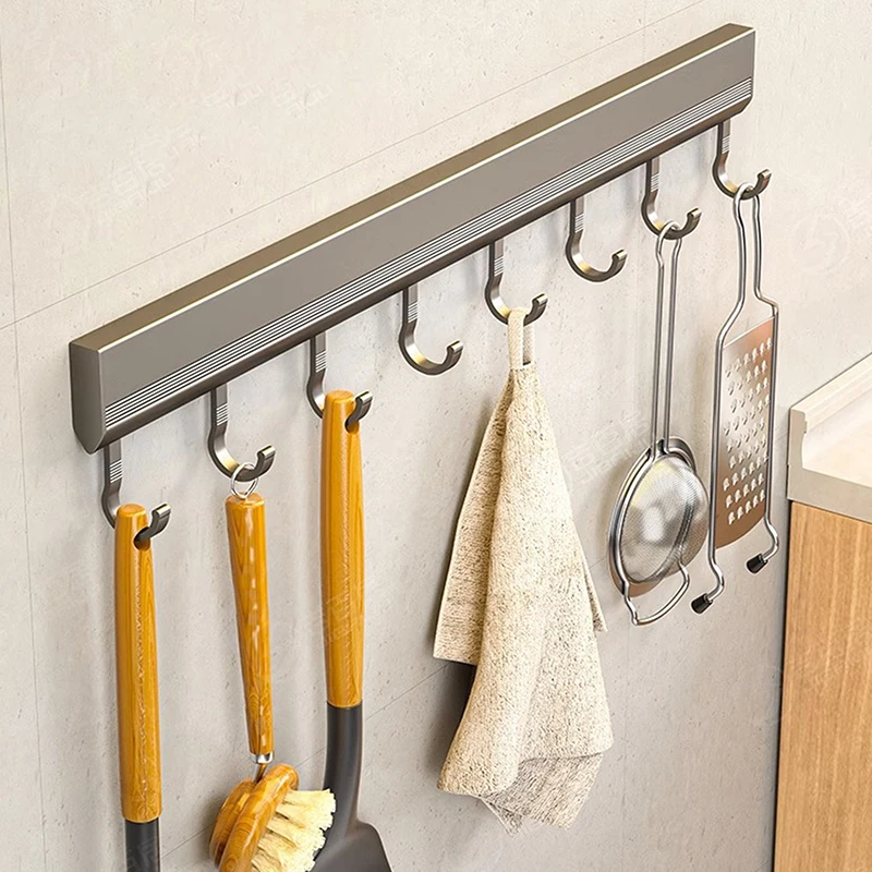 Kitchen Hooks Without Punching Space Aluminum Rack Hanging Rod Wall Hanging Spoon Spatula Shelf Wall Hang 8 Hooks