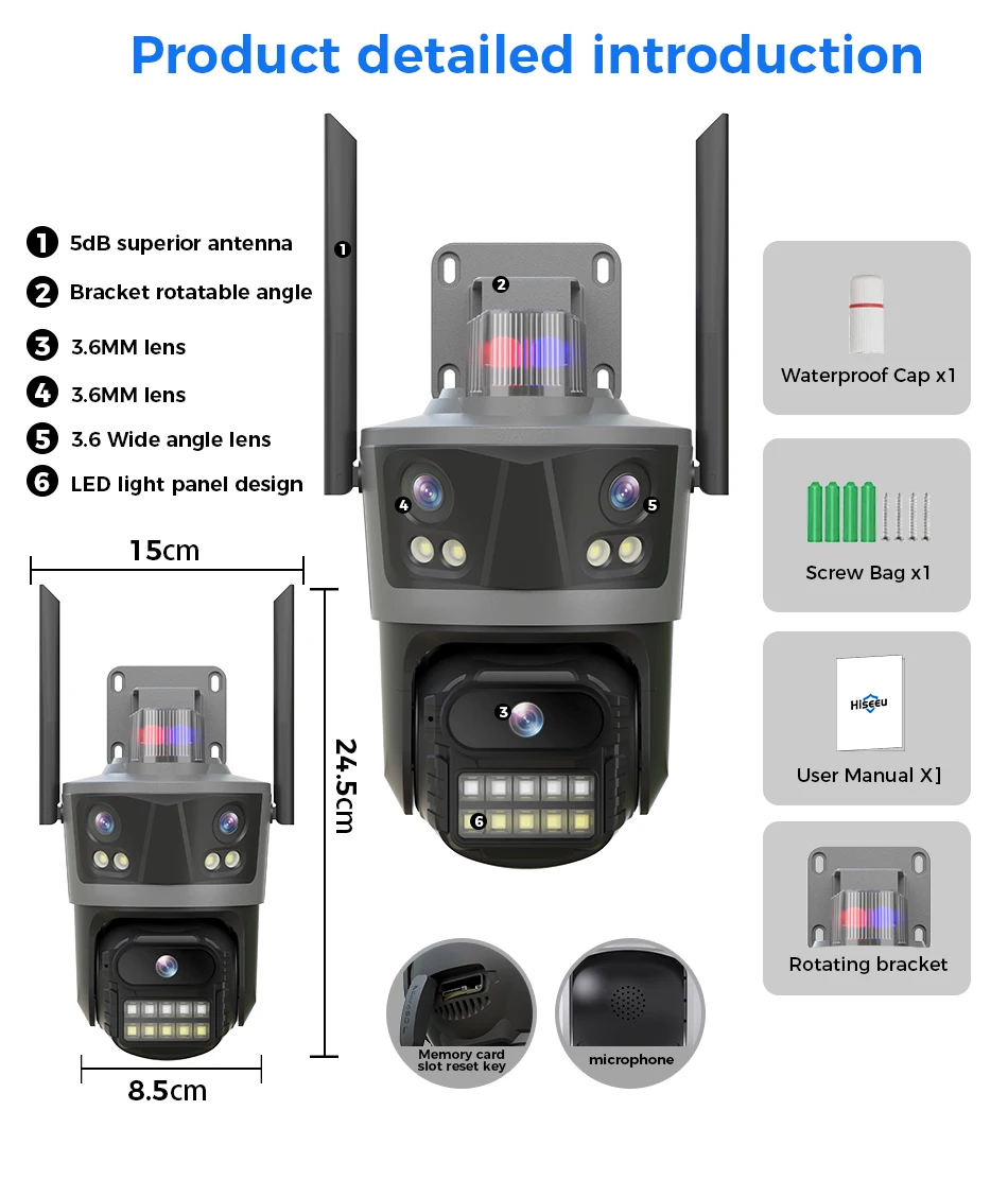 Hiseeu Three Lens PTZ IP Camera Outdoor 8MP HD Three Screen WiFi Security Auto Tracking Dual Len Wireless CCTV Camera ICsee
