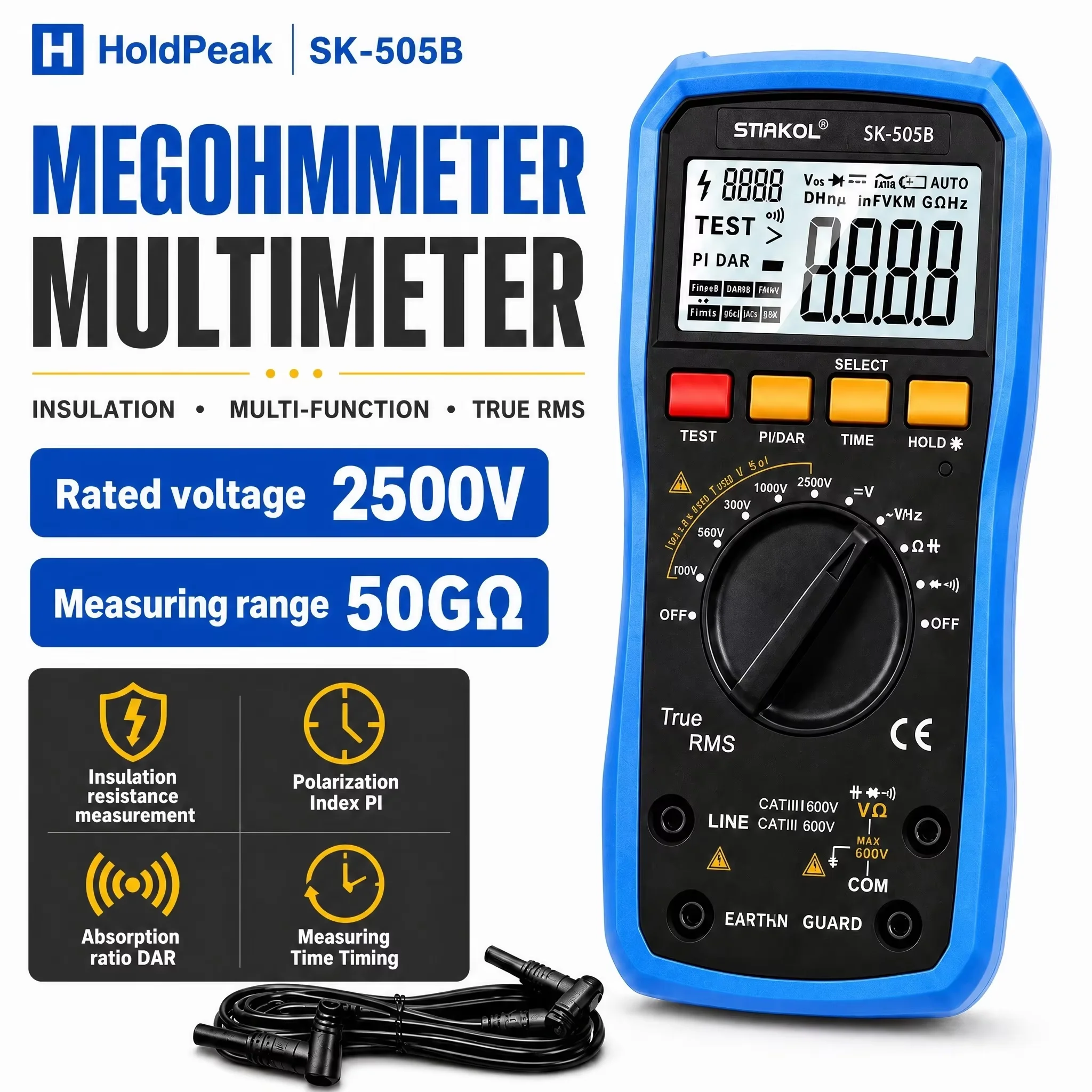 HoldPeak 2500V Megohmmeter Insulation Tester PI/DAR Auto Range LCD Backlight 50-2500V AC/DC Voltage for Motor Cable Transformer