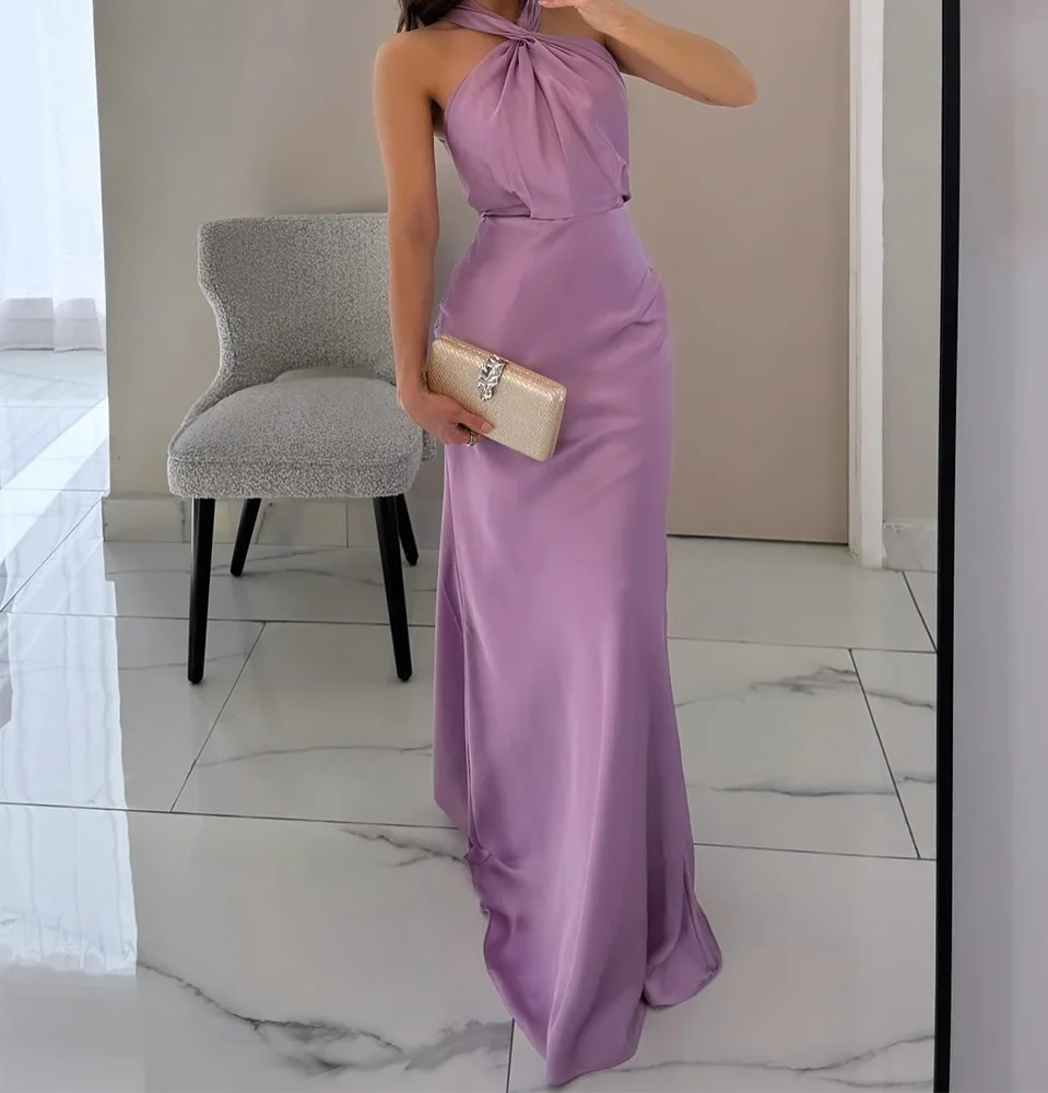 

Halter Satin Straight Pleats Sleeveless Floor Length Sweep Train Solid Color Classic Celebrity Dress Special Occasion Gowns 2024