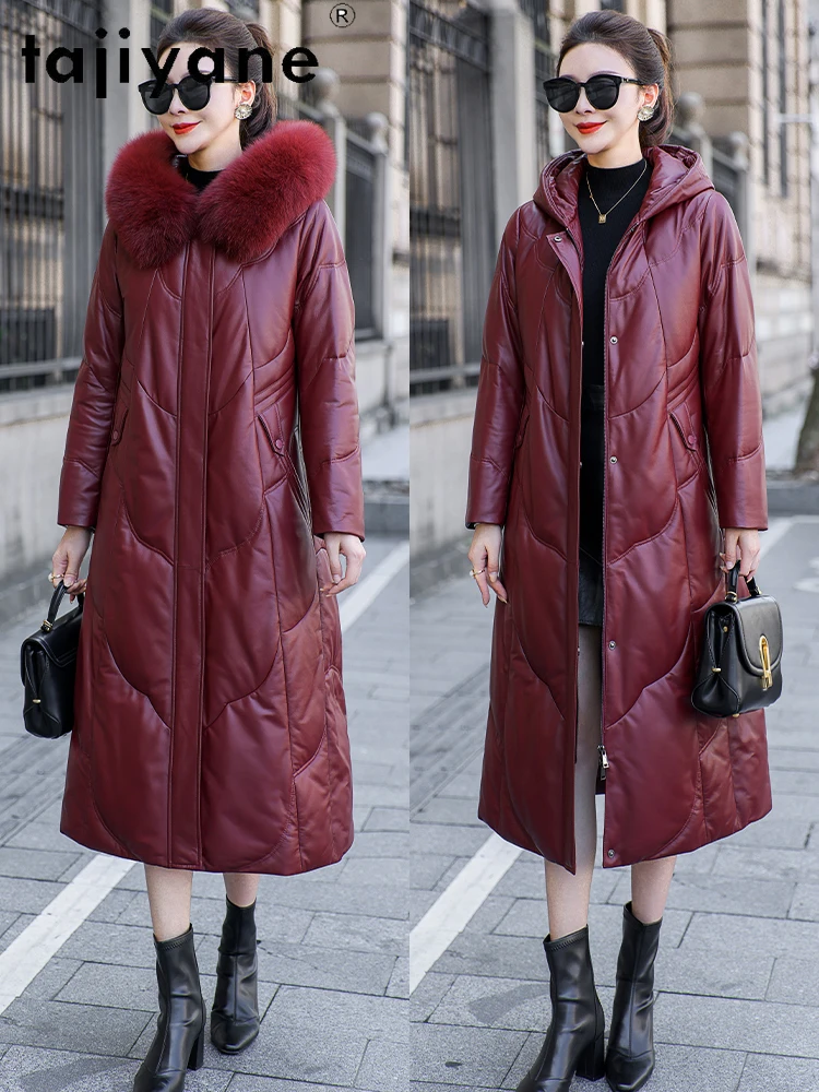 TAJIYANE 100 % Schaffell-Gänsedaunenmantel für Damen, Fuchspelzkragen, Mäntel mit Kapuze, rote echte Lederjacke, Winter-Frau-Kleidung, 2025 α Turismo