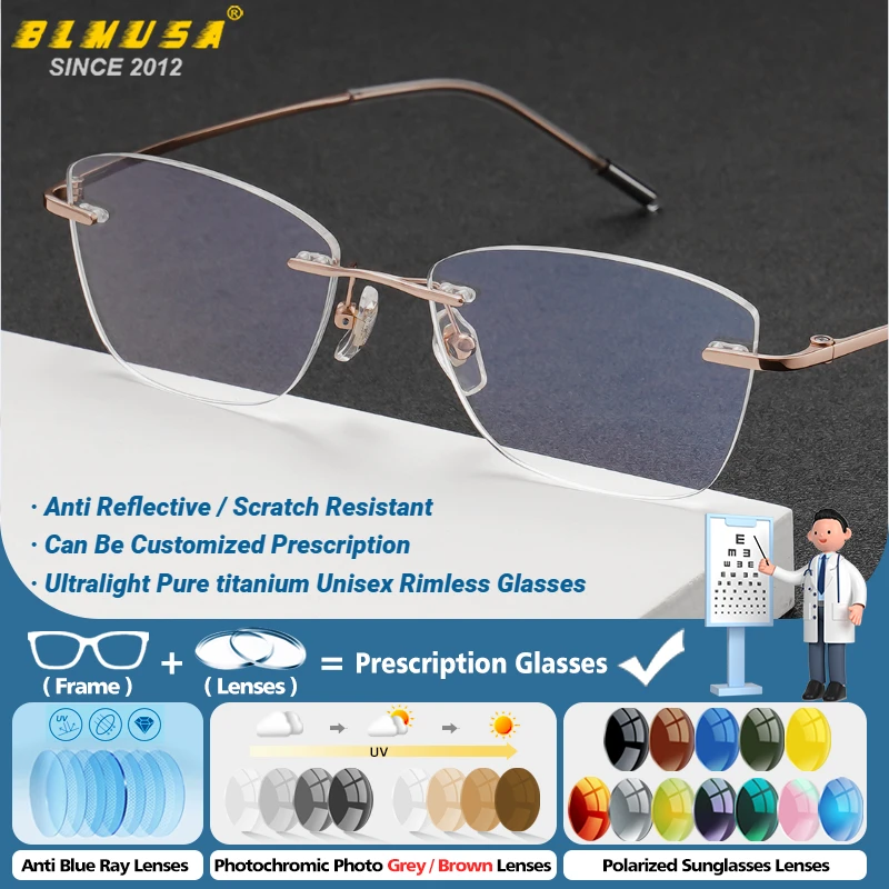 

BLMUSA New Rimless Ultra-light Titanium Frame Prescription Glasses Women Premium Simple Scratch Resistant Reading Myopia Eyeware