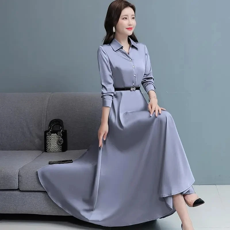 

2024 Spring Autumn Cotton Hemp Solid Color Long Sleeved Dress Temperament Slim Elegant Belt Dresses Women Long Vestidos 4XL