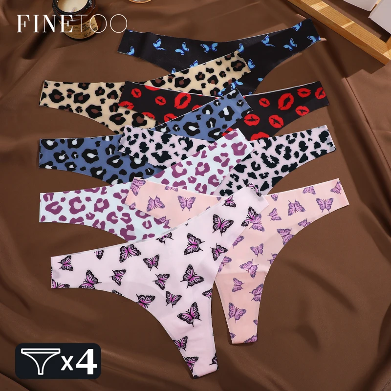 FINETOO-ropa interior Ultra suave para mujer, tangas sin costuras con estampado gráfico Sexy, lencería cómoda elástica de leopardo, 4 piezas