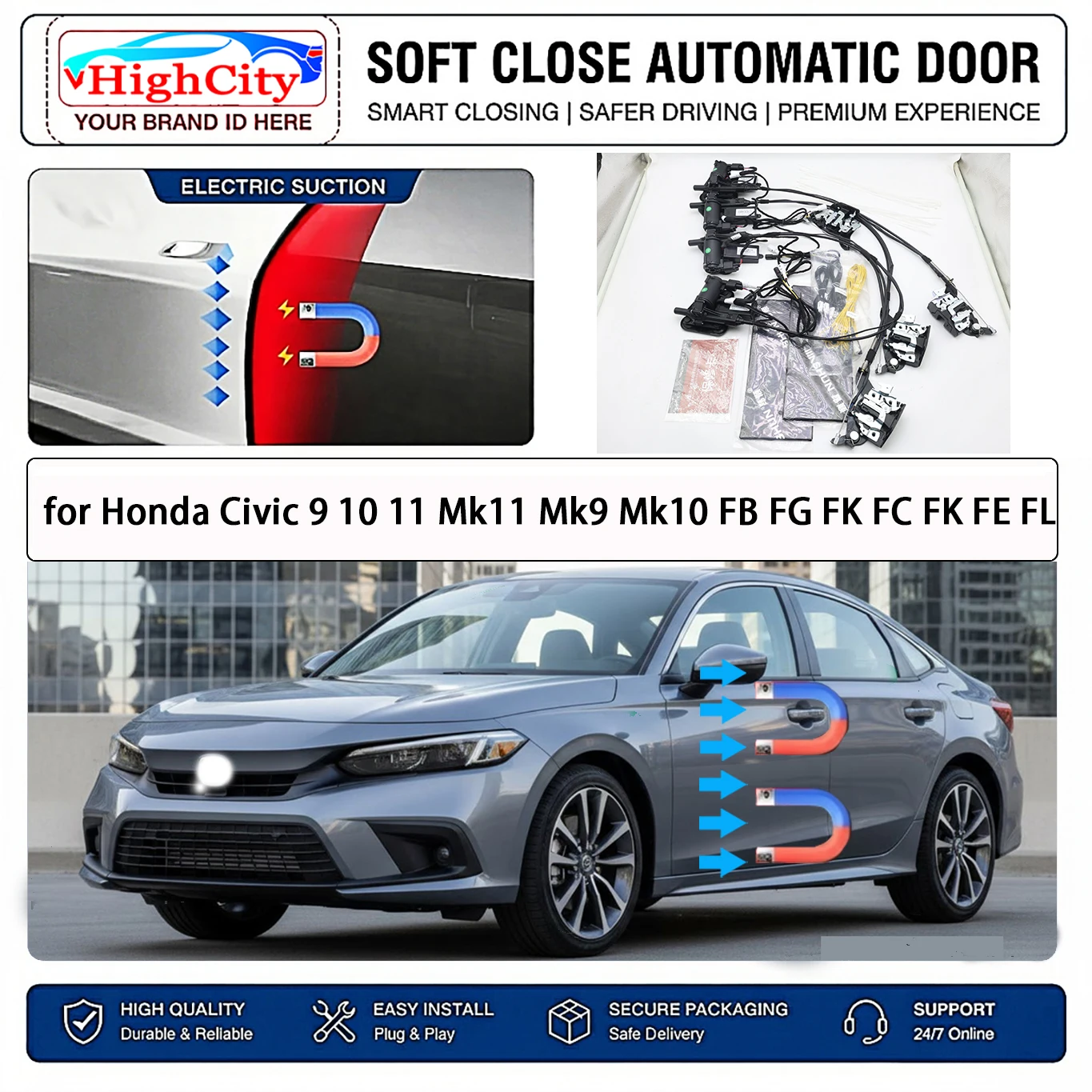 for Honda Civic 9 10 11 Mk11 Mk9 Mk10 FB FG FK FC FK FE FL Electric Suction Soft Close Door Kit Anti Pinch Cinch Latch Silent