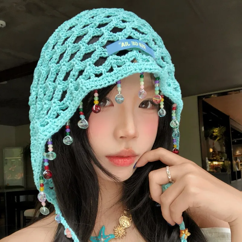 

Niche Bohemian Beaded Fringed Cut-out Pullover Cold Hat Spring and Summer Vacation Breathable Seaside Knitted Beanie Caps Women