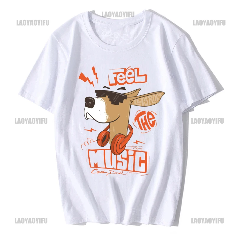 Funny Dog with Headphones and Sunglasses T-shirt  Harajuku Casual Fashion Short Sleeve Clothing Streetwear Men's Cotton