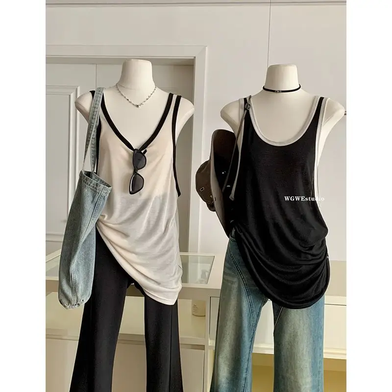 Wholesale Scoop Neck Sleeveless Tops Women Summer Solid Simple Tee Shirts Contrast Colors Korean Pop Basic Casual Long Tank Top