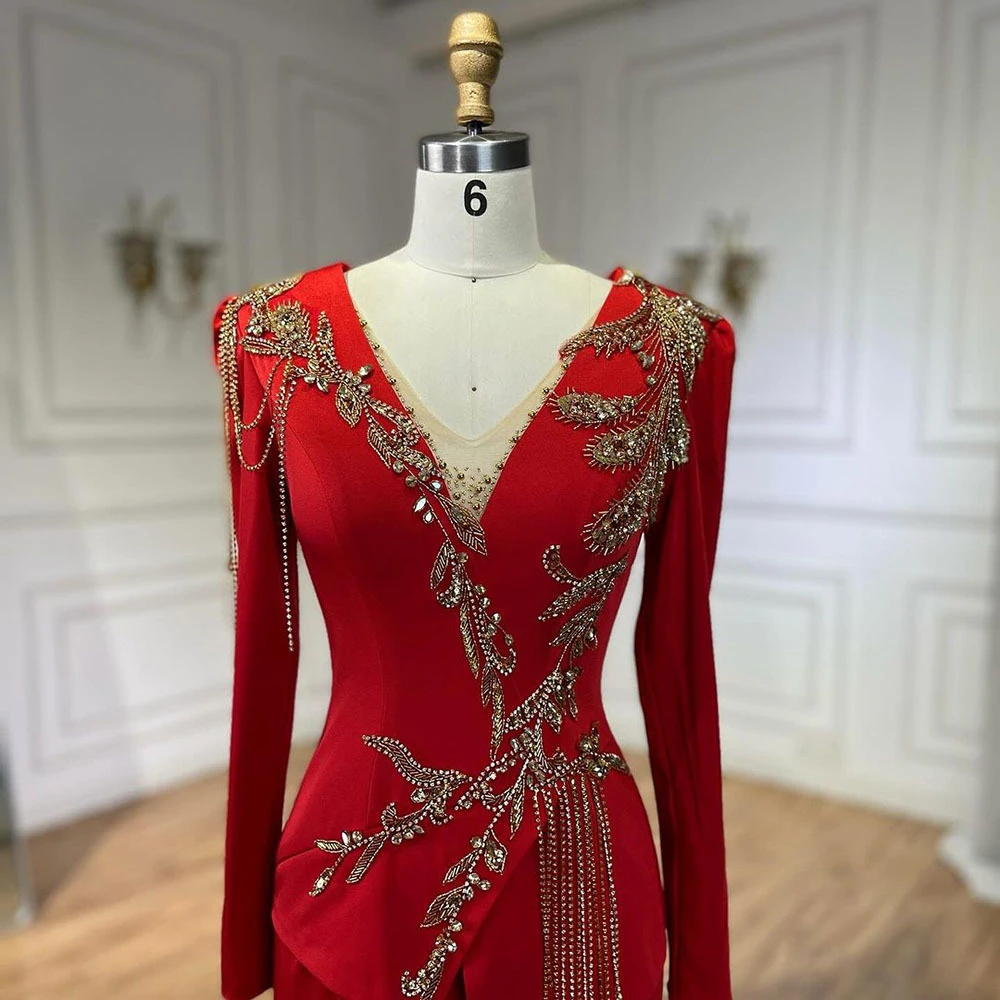 Real Images Red Long Prom Dress Full Sleeves V Neck Formal Occasion Dresses For Women With Handsewn Beaded Elegant Party Gown