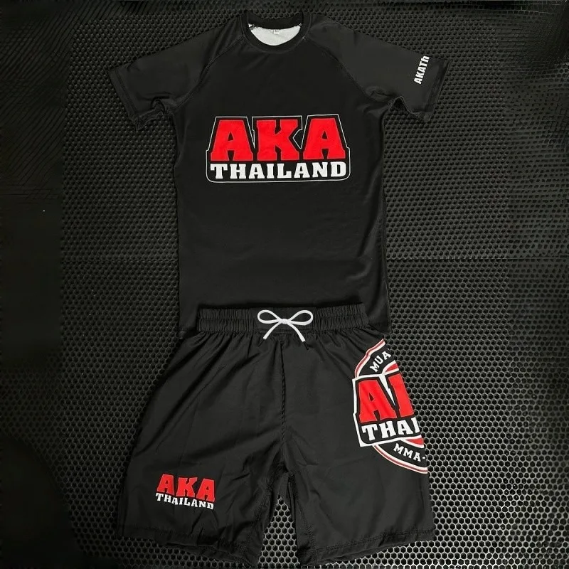 2026 New Fashionable Black and Red Muay Thai Style Combat Training Sports Set Summer Breathable Quick-Drying Short-Sleeve Unisex