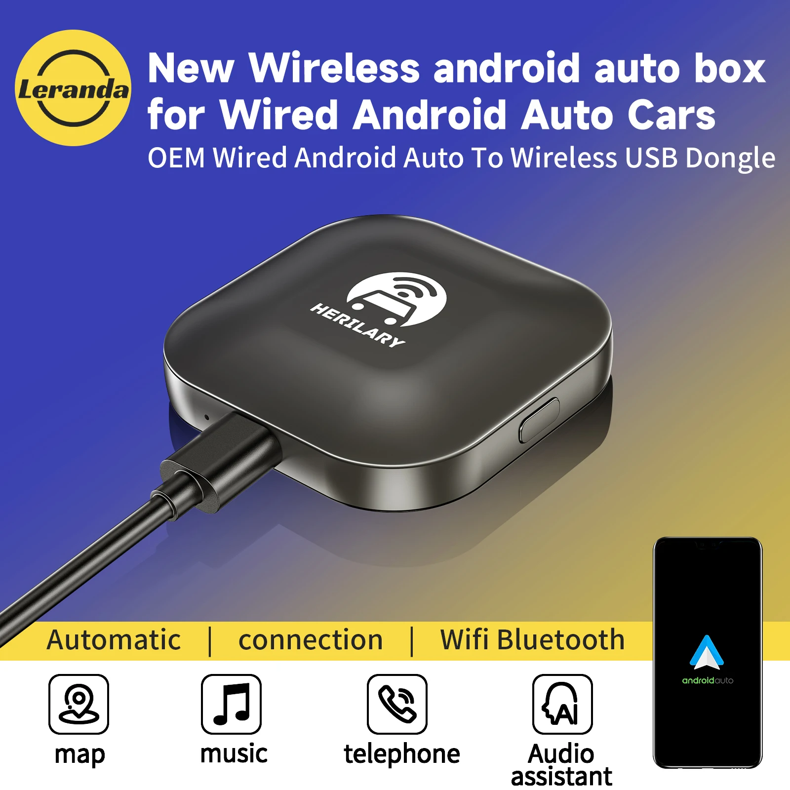 Leranda C1-AA Wireless Android Auto Adapter Car Multimedia Player Wired to Wireless Fast Connect Smart Mini AI Box USB Plug