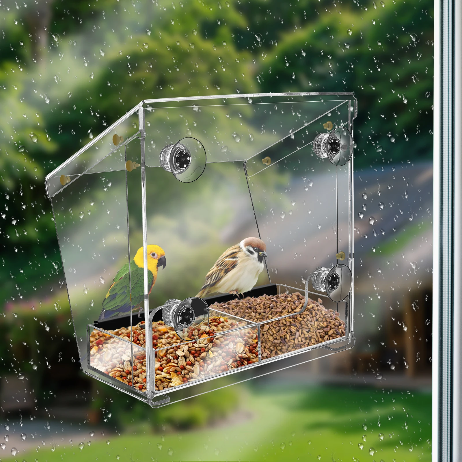 Acryl-Vogelfutterstation, klares Fenster, hängender Kolibri-Futterspender mit Saugnapf für Zuhause, Outdoor, Garten, Hinterhof, Papageienbedarf