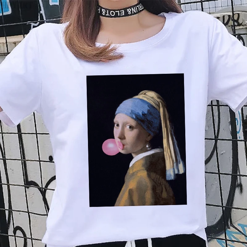 Girl with a Pearl Earring Graphics Printing T-shirt Summer Harajuku Funny girl T shirt fashion retro Short sleeve women's Tshirt