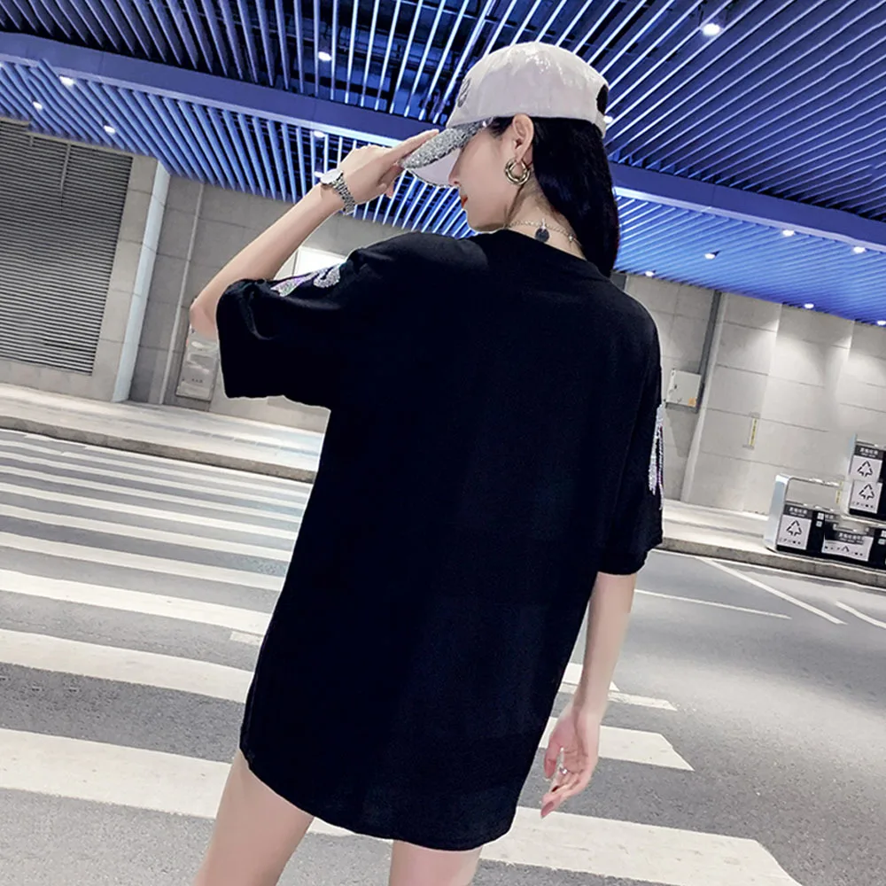 2022 Summer Fashion Streetwear Rhinestone Bow T-Shirt Women Casual Loose Tees Lady Tops S-4XL 40-150KG