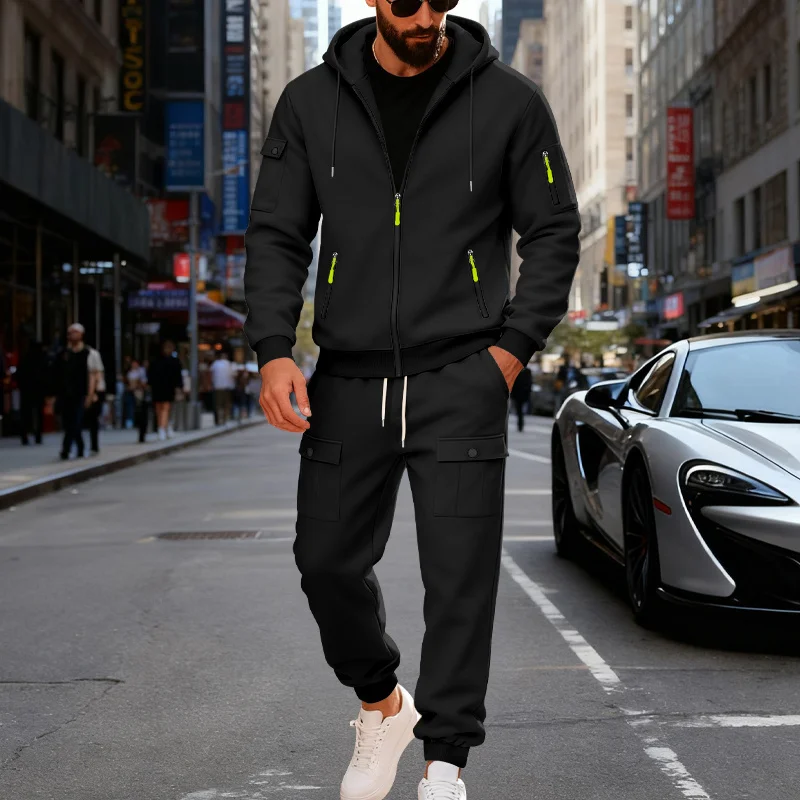 Men's Heavy-Duty Winter Double-Layered Set, Including A Hooded Sweater And Drawstring Pants, With A Warm And Insulated Design