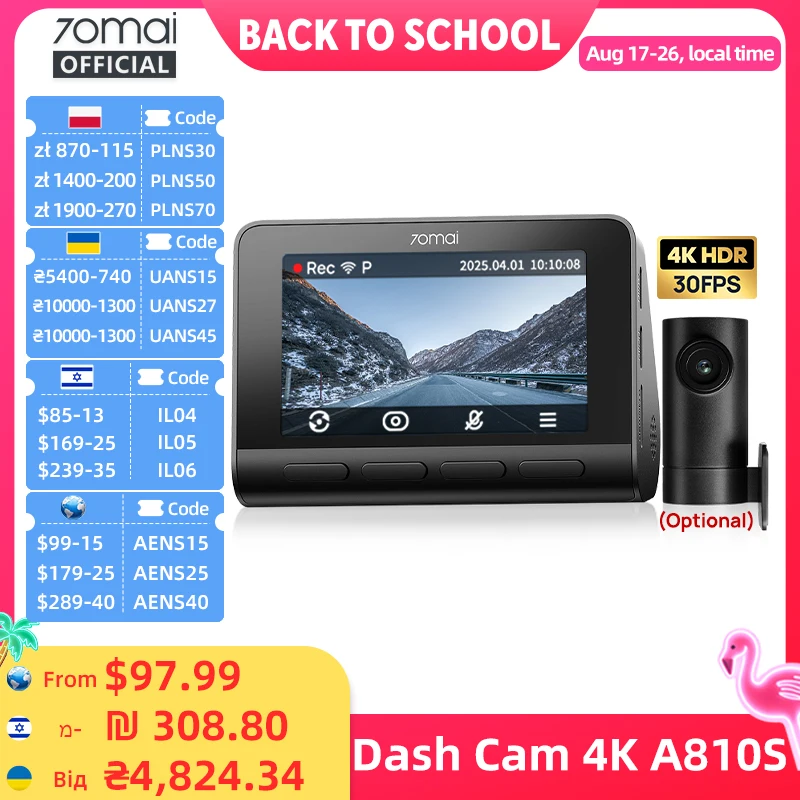 70mai A810S 4K Dash Cam IMX678 Dual HDR Supercapacitor 4G LTE שלט רחוק Wi-Fi 6 5GHz בקרת קול GPS ADAS מצלמת רכב