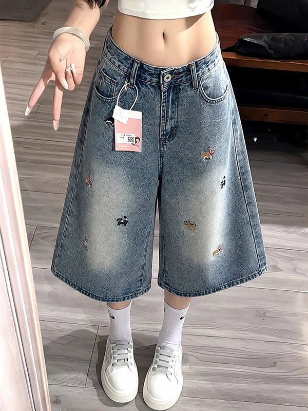 American Style Embroidered Seven-Foot Jeans Women Summer Thin Loose Slim Straight Leg Wide Leg Small Size Medium Pants