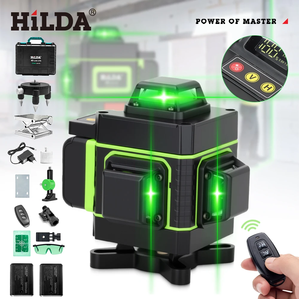 Hilda niveau Laser 16 lignes 4D auto-nivelant 360 croix horizontale et verticale ligne de faisceau Laser vert Super puissante