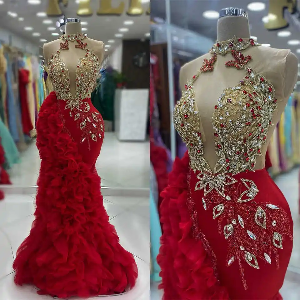 

Luxurious Halter Neck Prom Gowns Tulle Ruched Floor Length Mermaid Evening Dresses Beaded Crystals Engagement Customized Dresses