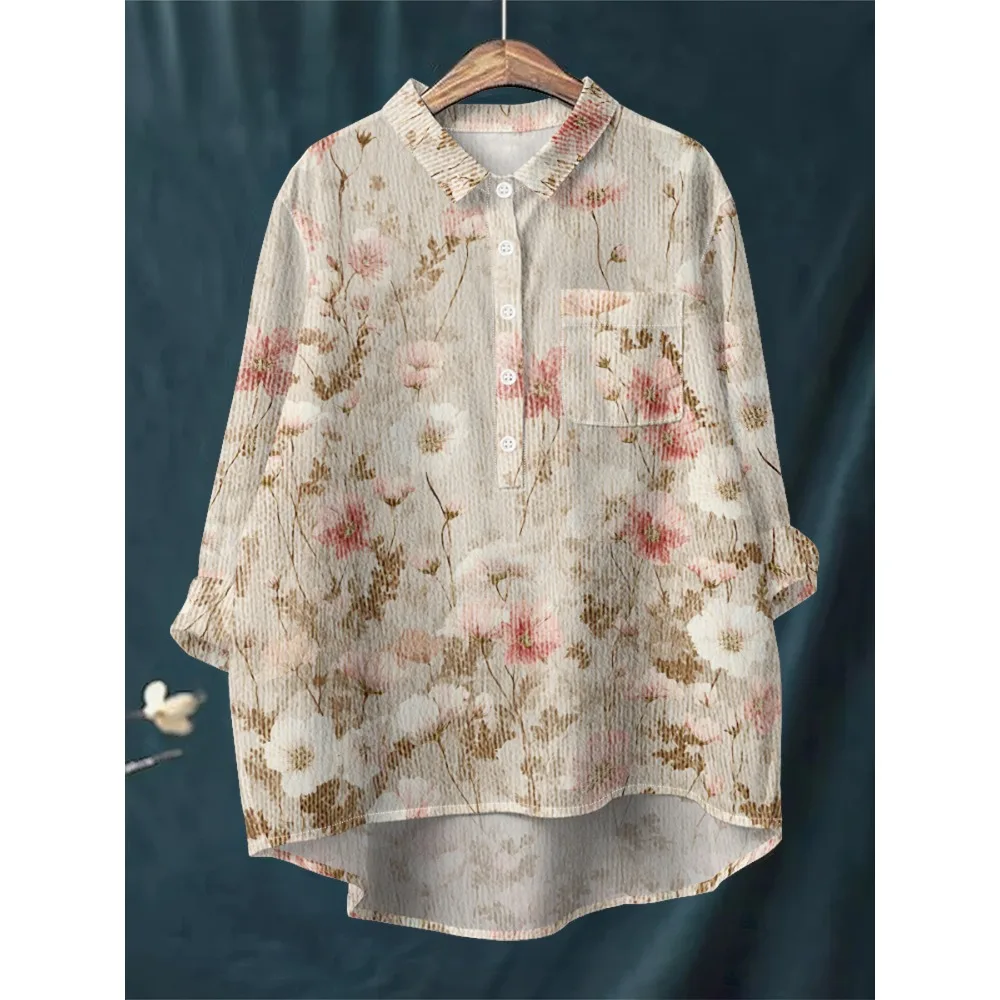 قميص نسائي أزرق أبيض مطبوع عليه زهور بأكمام طويلة نصف زر للأسفل مع حاشية غير متماثلة، قطع علوية فضفاضة ناعمة قابلة للتنفس