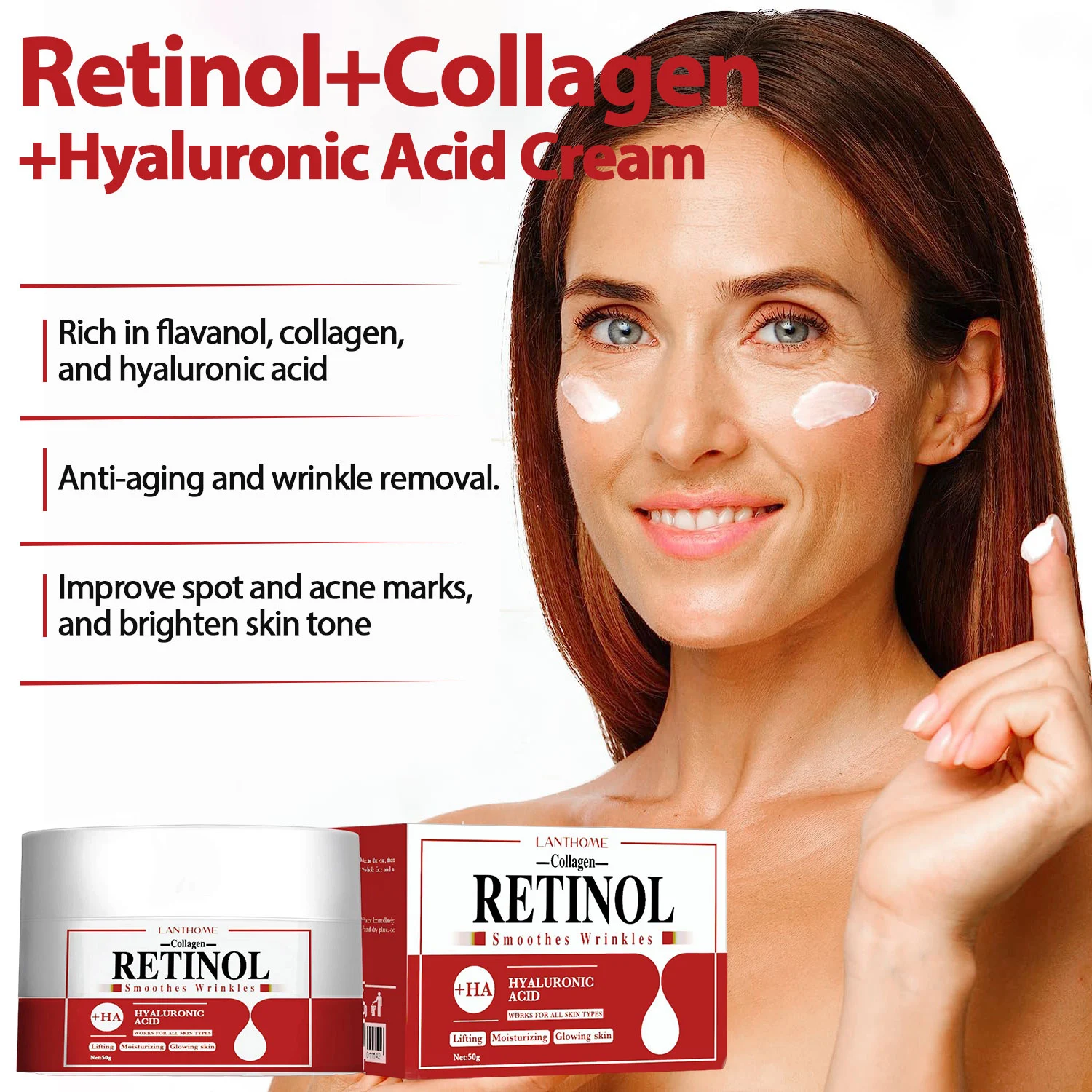 Collagen Retinol Facial Cream Whitening Brightening Skin Color Hyaluronic Acid Moisturizing Anti-Wrinkle Skin Care Face Cream