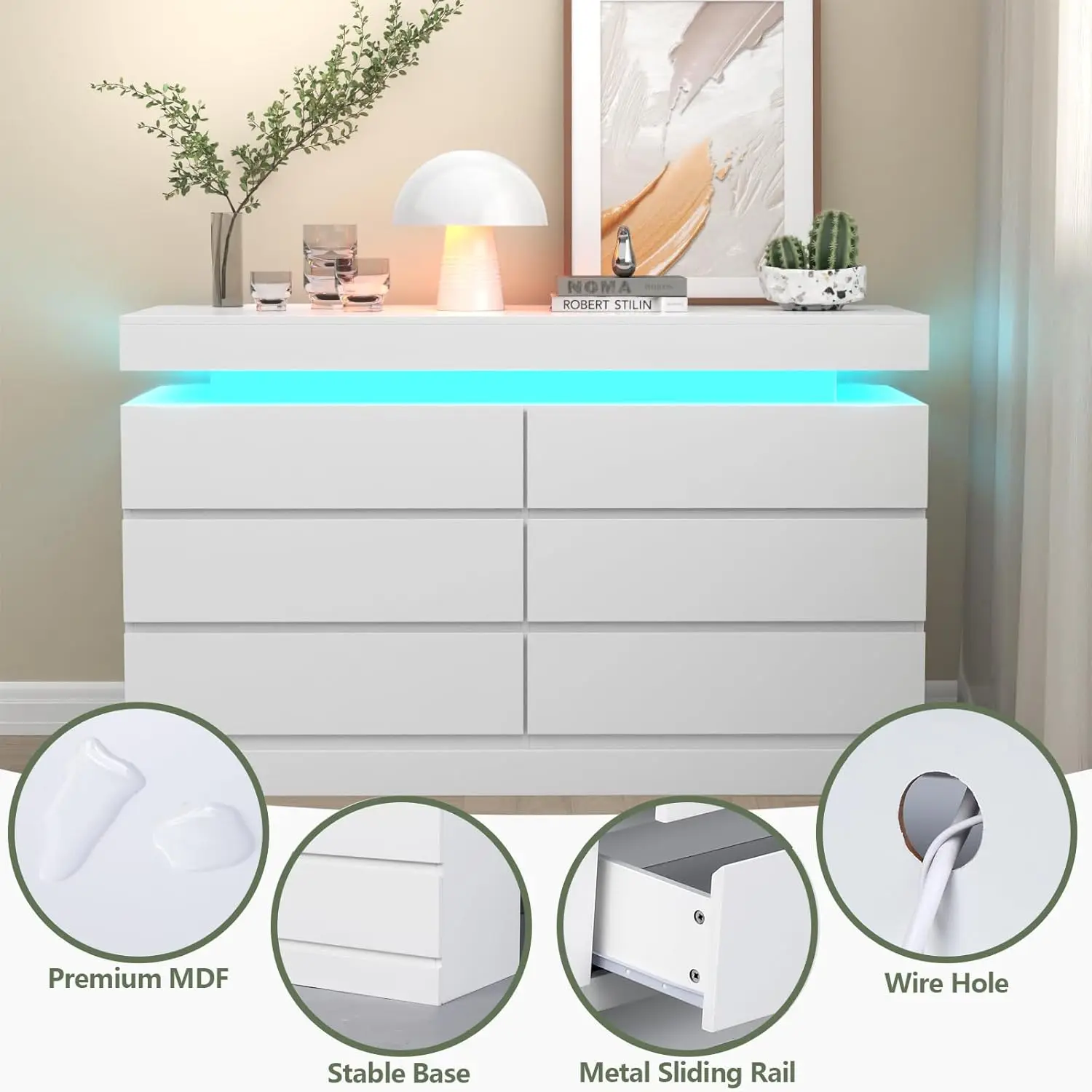 MELfur ser-Commode blanche avec prise de courant, commode avec lumière LED, moderne, commode de proximité pour Cisco, double largeur, 6