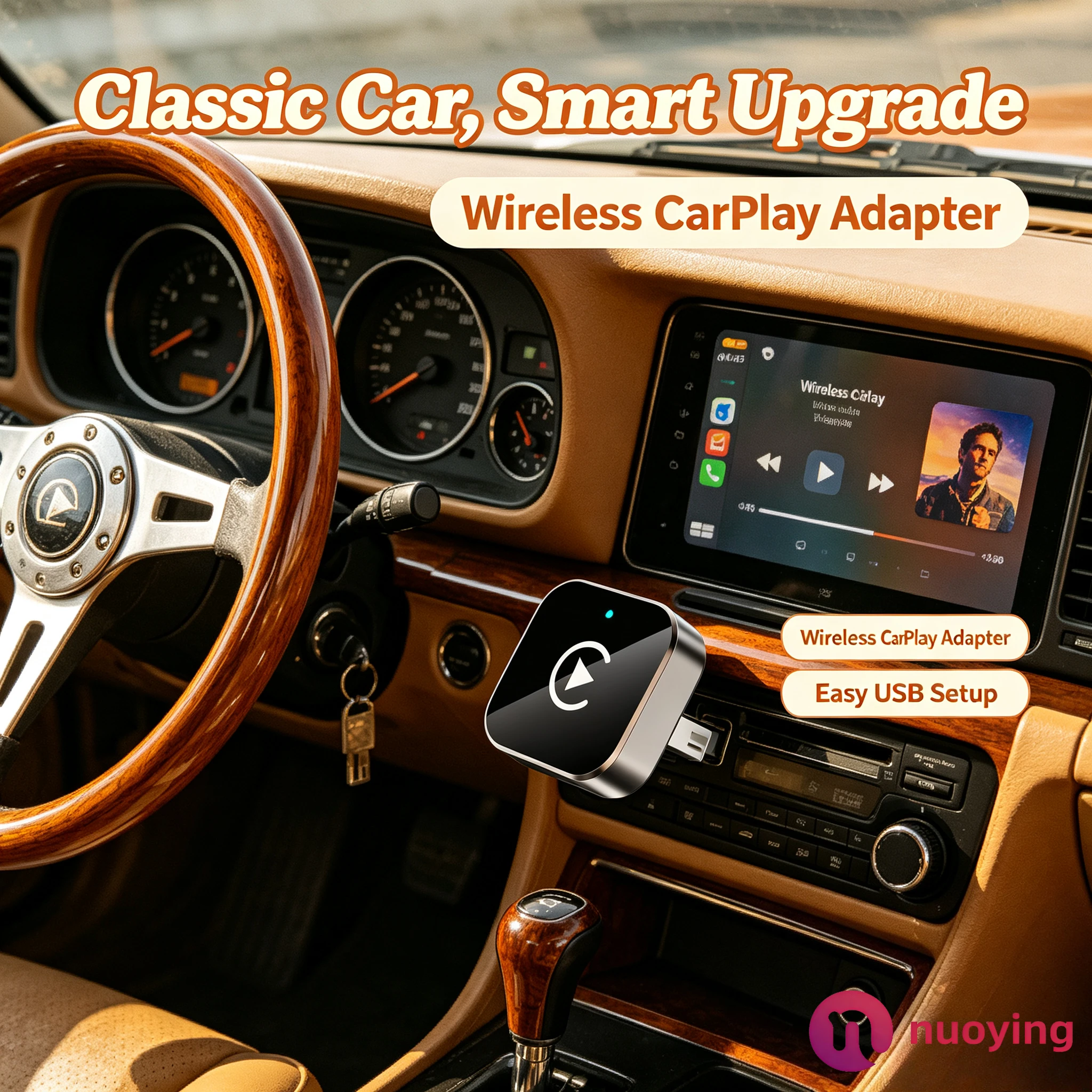 Adaptateur CarPlay sans fil, prêt à l'emploi pour iPhone et Android, petit format, dongle CarPlay sans fil portable pour voiture, connexion rapide et stable pour système CarPlay filaire de voiture.