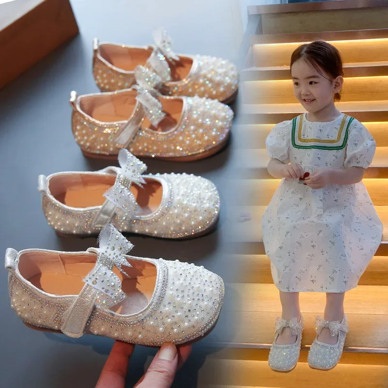 Sepatu putri anak perempuan, Fashion anak-anak pita berlian imitasi Pu sepatu anak-anak bayi perempuan pesta siswa sepatu datar