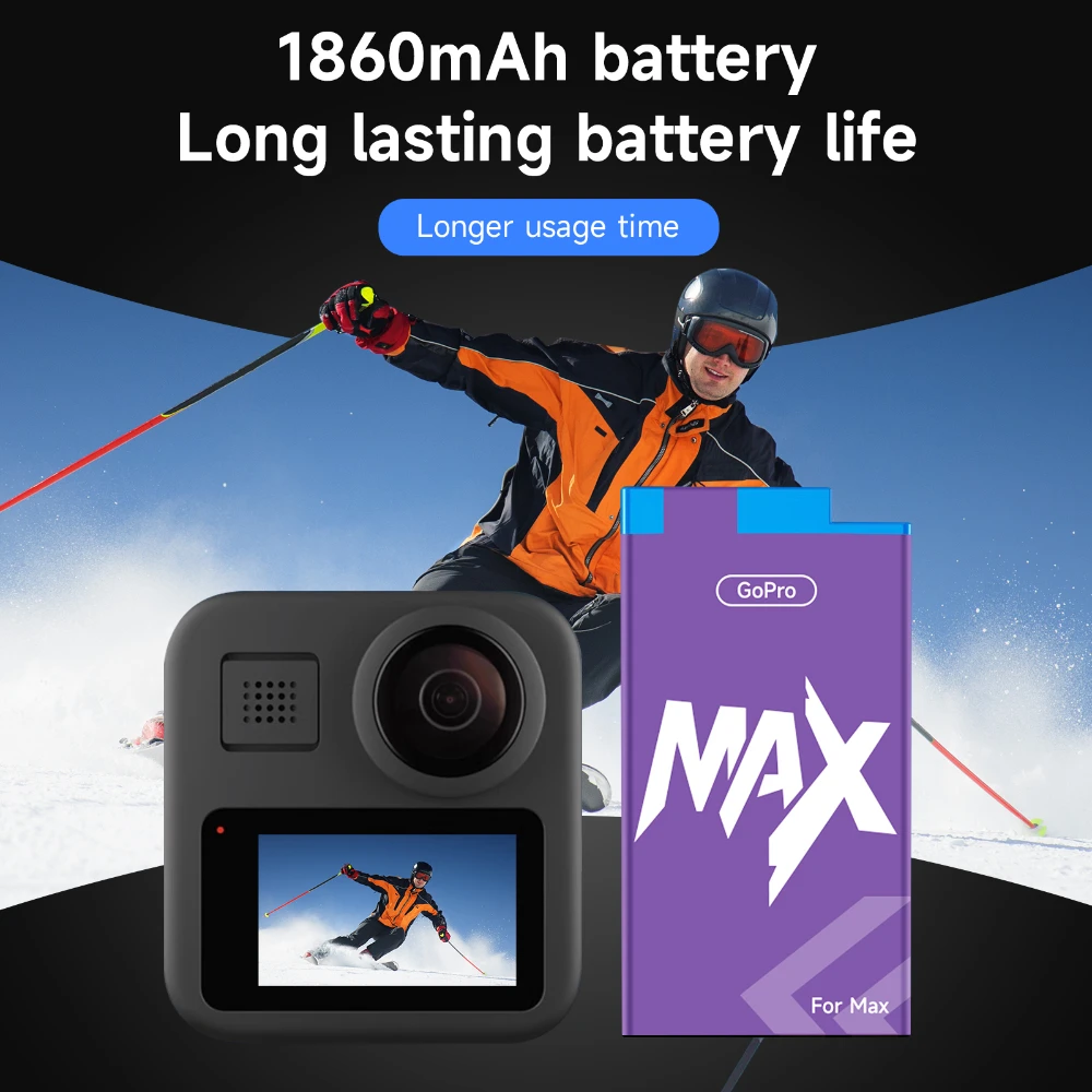 بطارية Gopro Max بقدرة 1860 مللي أمبير في الساعة مع شاحن من النوع C بفتحتين بطارية كاميرا Go Pro Max Hero لملحقات رياضية بانورامية 360 الحركة