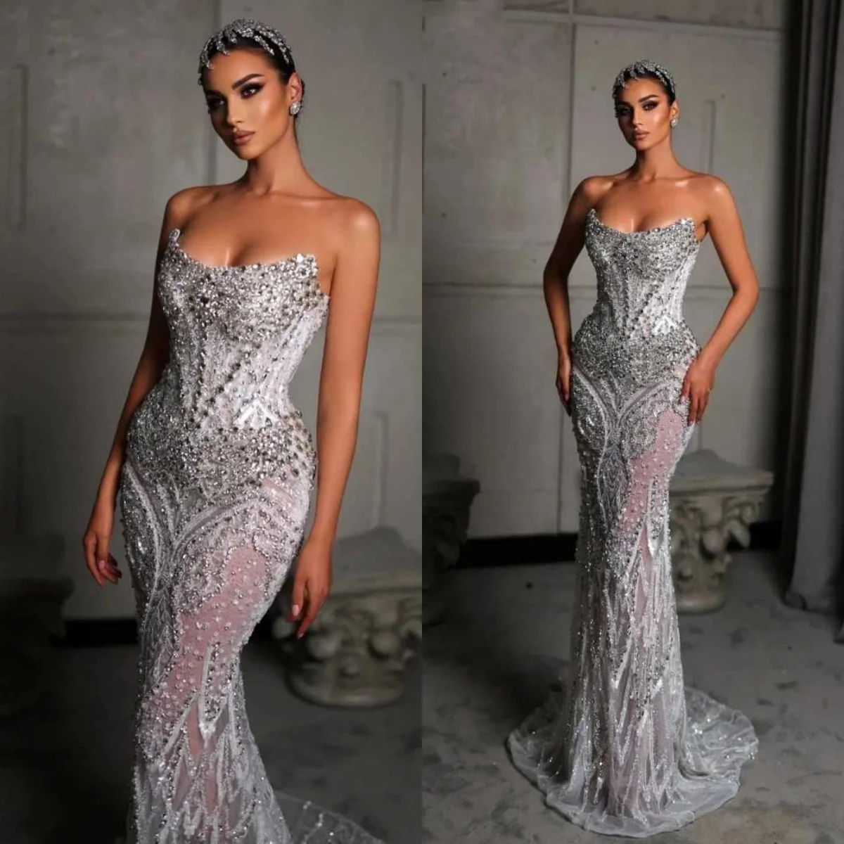 

Exquisite Crystals Customized Evening Dresses Strapless Sleeveless Prom Gowns Beaded Special Occasion Party