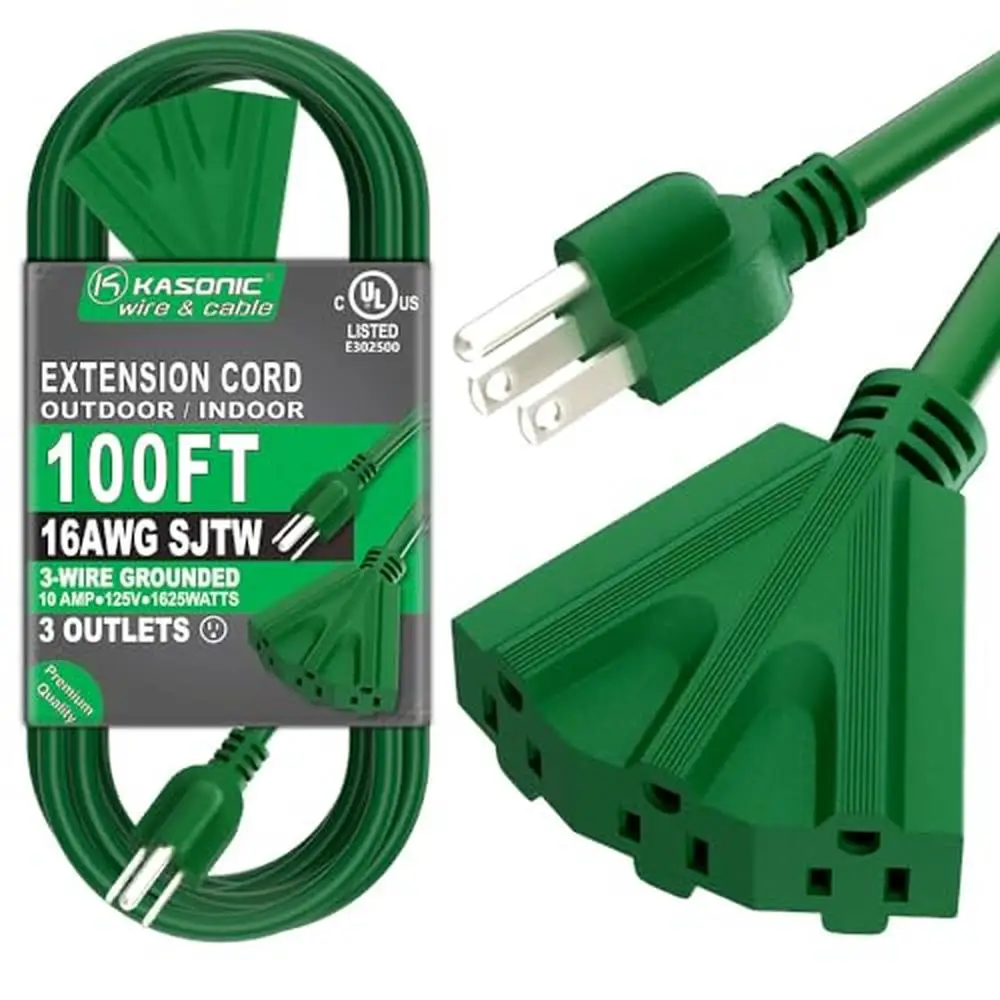 100Ft Extension Cord 3 Outlets UL Listed 16/3 SJTW Grounded 10A 125V Indoor Outdoor Use Durable Heavy-Duty Green