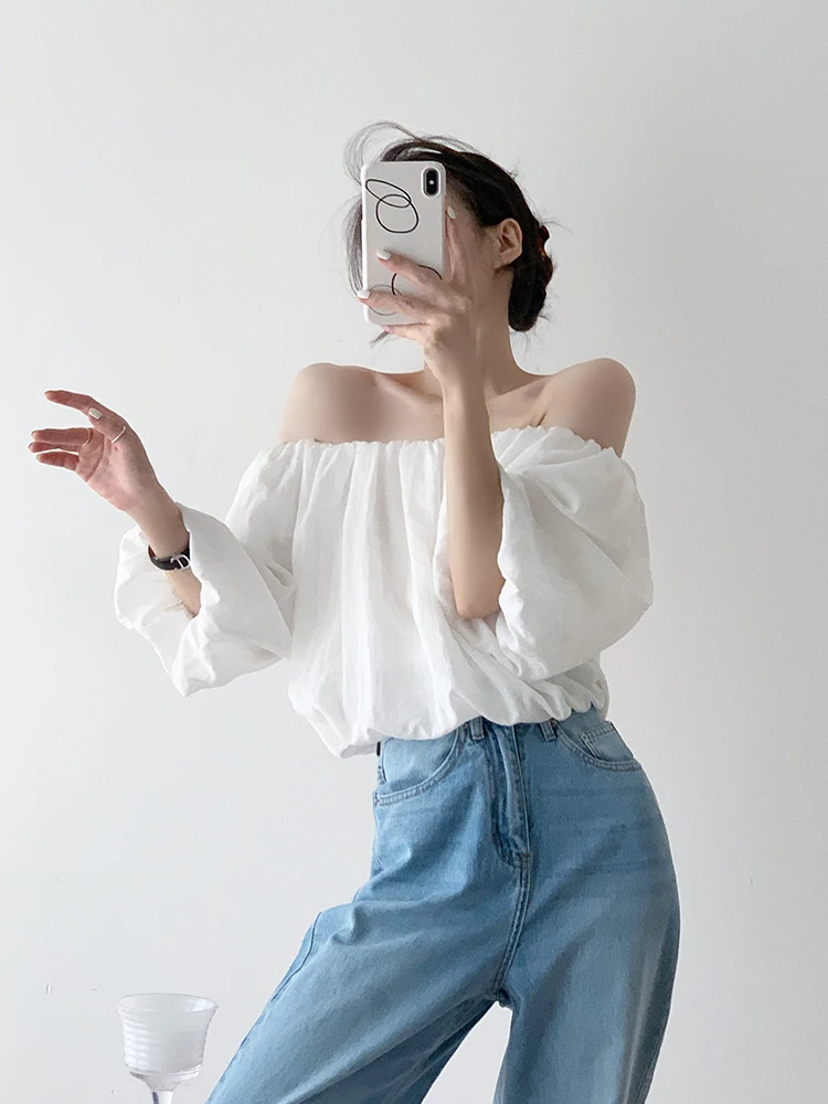 2023 French Puff Sleeve One-shoulder Ladies Top Summer Sweet Slim  Short Women Blouse Off-shoulder Short-sleeved Shirt